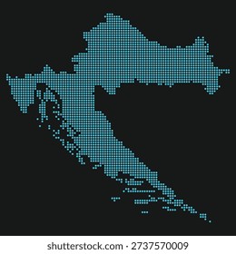 Croatia Light Blue Point Grid Map on Black for Adriatic Maritime Tech and Defense. Map of Croatia dotted style.