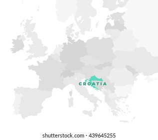 Croatia location modern detailed map. All european countries without names. Vector template of beautiful flat grayscale map design with selected country name text and border location