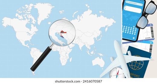 Croatia is magnified over a World Map, illustration with airplane, passport, boarding pass, compass and eyeglasses. Vector illustration.