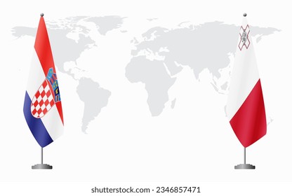 Croatia and Malta flags for official meeting against background of world map.