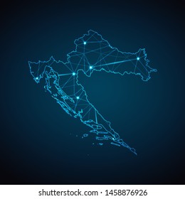 Croatia Map - Abstract geometric mesh polygonal network line, structure and point scales on dark background with lights in the form of cities. Vector illustration eps 10.