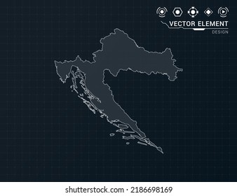 Mapa de Croacia del marco digital negro HUD, GUI, interfaz de interfaz de usuario vector de radar.