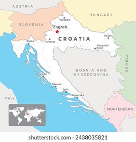 Croatia Map with capital Zagreb, most important cities and national borders