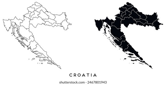 Croatia map of city regions districts vector black on white and outline