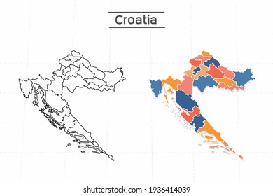 Mapa de Croacia vector de ciudad dividido por el colorido contorno estilo simplicidad. Tiene 2 versiones, versión de línea delgada negra y versión colorida. Ambos mapas estaban en el fondo blanco.
