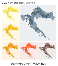 Croatia map collection. Country shape with colored regions. Blue, Grey, Yellow, Amber, Orange, Deep Orange, Brown color palettes. Border of Croatia with provinces for your infographic.
