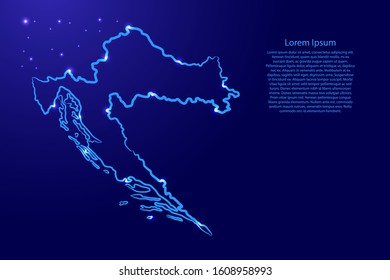 Croatia map from the contour classic blue color brush lines different thickness and glowing stars on dark background. Vector illustration.