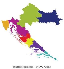 Croatia map. Map of Croatia in eight mains regions in multicolor