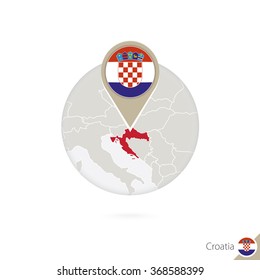 Croatia map and flag in circle. Map of Croatia, Croatia flag pin. Map of Croatia in the style of the globe. Vector Illustration.