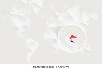 Croatia map with flag in contour on white polygonal World Map. Vector Illustration.