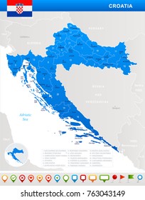 Croatia map and flag - highly detailed vector illustration
