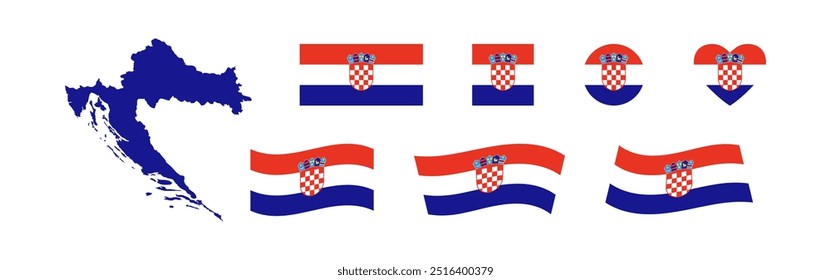 Croatia map and flag icon. Set of national Croatia country symbol. Isolated Vector