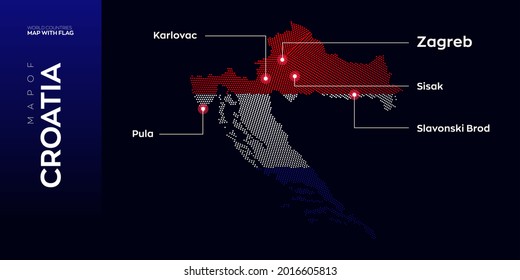Croatia map with flag info graphic. Abstract vector map of Croatia with capital and major cities. Dots composition map on dark background.
