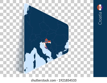 Mapa y bandera de Croacia sobre fondo transparente. Resaltó a Croacia en el mapa del vector azul.