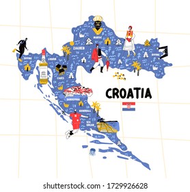 Croatia map flat hand drawn vector illustration flag. Names lettering and cartoon landmarks, tourist attractions cliparts.  Zagreb travel, trip comic infographic poster, banner concept design