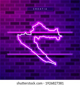 Croatia map glowing neon lamp sign. Realistic vector illustration. Country name plate. Purple brick wall, violet glow, metal holders.