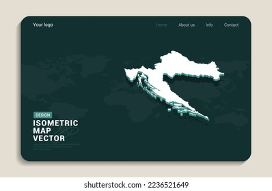 Kroatien kartiert grüner Hintergrund mit isometrischer Vektorgrafik. Webbanner-Layoutvorlage.