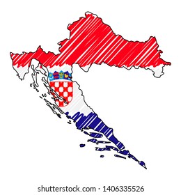 Croatia map hand drawn sketch. Vector concept illustration flag, childrens drawing, scribble map. Country map for infographic, brochures and presentations isolated on white background. Vector