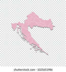 Croatia map - High detailed pastel color map of Croatia. Croatia map isolated on transparent background. Vector illustration eps 10.