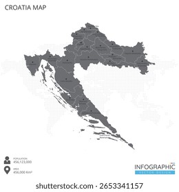 Mapa da Croácia alto detalhado com regiões e cidades do país sobre fundo branco. Ilustração vetorial EPS10.