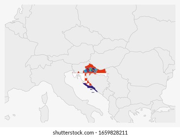 Croatia map highlighted in Croatia flag colors, gray map with neighboring countries.