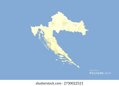 Mapa de Croacia en estilo de Vector de polígono bajo, ilustración de forma geométrica con tonos amarillos suaves sobre fondo azul, silueta limpia para infografía.