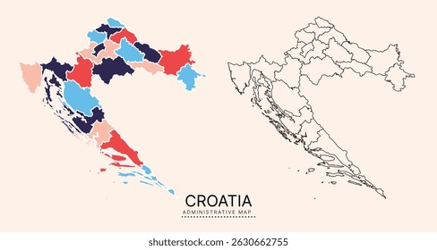 Croácia Mapa com distritos administrativos separados por várias cores, camadas separadas editáveis, zonas e bordas. Mapa para apresentação. Ilustração vetorial