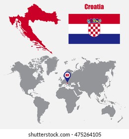 Croatia map on a world map with flag and map pointer. Vector illustration