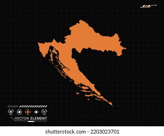 Croatia map of orange digital frame HUD, GUI, UI interface technology radar vector.