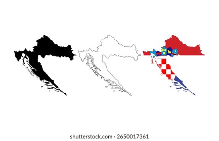 Mapa da Croácia em estilo de contorno, cor preta, cor da versão da bandeira do país.