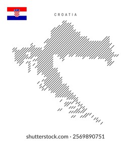 Croatia map from pattern of black slanted parallel lines. Croatian map with gray diagonal lines. Silhouette of a country made of oblique hatching. Vector illustration isolated on white.