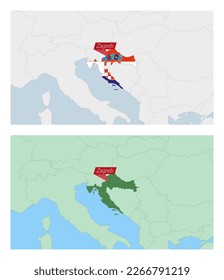 Croatia map with pin of country capital. Two types of Croatia map with neighboring countries. Vector template.