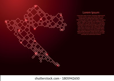 Croatia map from red pattern from a grid of squares of different sizes and glowing space stars. Vector illustration.