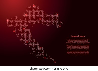 Croatia map from red pattern of the maze grid and glowing space stars grid. Vector illustration.