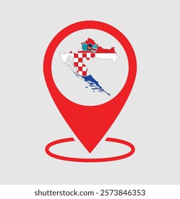 Croatia map with a red map pin icon, featuring the map of Croatia   in an isolated design. Perfect for business, travel, and location-based projects . Map pin with the flag of Croatia