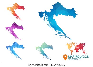 Croatia Map - Set of geometric rumpled triangular low poly style gradient graphic background , Map world polygonal design for your . Vector illustration eps 10.
