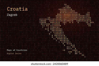 Croatia Map Shown in Binary Code Pattern. TSMC. Green Matrix numbers, zero, one. World Countries Vector Maps. Digital Series