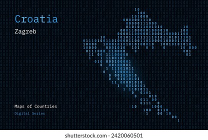 Croatia Map Shown in Binary Code Pattern. TSMC. Green Matrix numbers, zero, one. World Countries Vector Maps. Digital Series