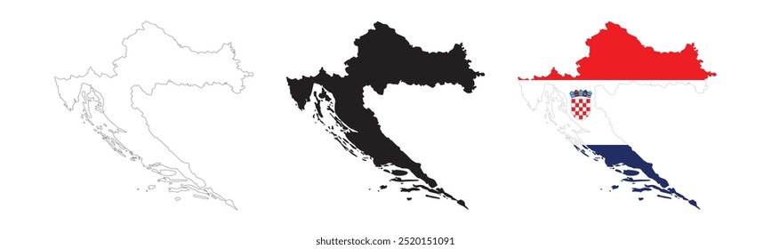 Croatia map in various style outline, icon, black color, border, flag colors. Europe country icons collection. Vector illustration