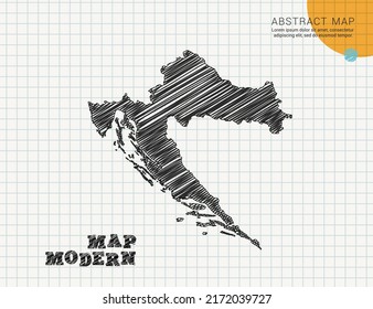 Croatia map of vector black silhouette chaotic hand drawn scribble sketch on grid paper used for notes or decoration.