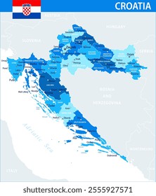 Croatia Map Vector Blue Spot - Customizable layered political map of Croatia with administrative divisions for website, education, reports, news, politics, print, poster and wallpaper