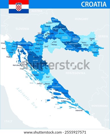 Croatia Map Vector Blue Spot - Customizable layered political map of Croatia with administrative divisions for website, education, reports, news, politics, print, poster and wallpaper