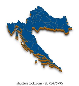 Croatia map vector. High detailed administrative 3D map of Croatia with dropped shadow. Vector blue isometric silhouette with administrative divisions. Template for website, design, infographics
