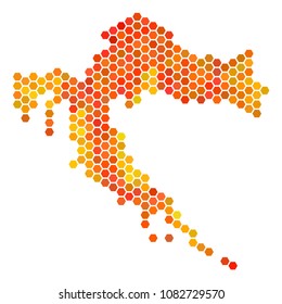 Croatia map. Vector honeycomb geographic map using flame color tints. Abstract Croatia map composition is done with fire hex-tile blots.