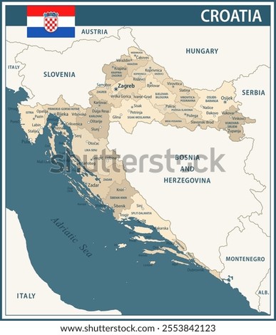 Croatia Map Vector Vintage Dark Blue Beige - Customizable layered political map of Croatia with administrative divisions for website, education, reports, news, politics, print, poster and wallpaper