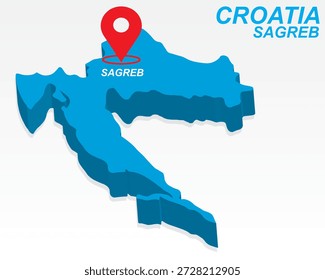 Kroatien Karte Vektor, Zagreb Hauptstadt Marker auf blauem 3D-Land Form, Kroatien Infografik Design, bearbeitbare Zielzeiger Kroatien Geografie
