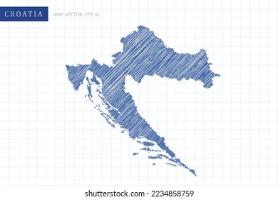 Croatia Map - World Map International vector template with blue outline graphic and pen drawing sketch style isolated on white grid background for design, website - Vector illustration eps 10