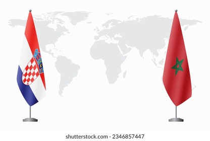 Croatia and Morocco flags for official meeting against background of world map.