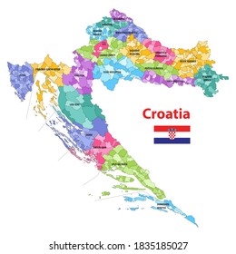 Croatia municipalities high detailed vector map colored by counties. Flag of Croatia