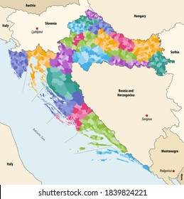 Croatia municipalities vector map  colored by counties with neighbouring countries and territories